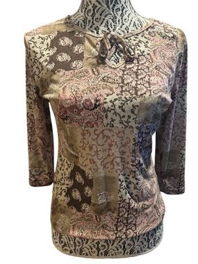 90s Patchwork Print Long Sleeve Tee - Pink & Brown